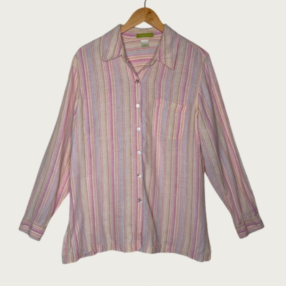 Sigrid Olsen Linen Shirt Womens L Pastel Rainbow Stripe Button Up Coastal Resort